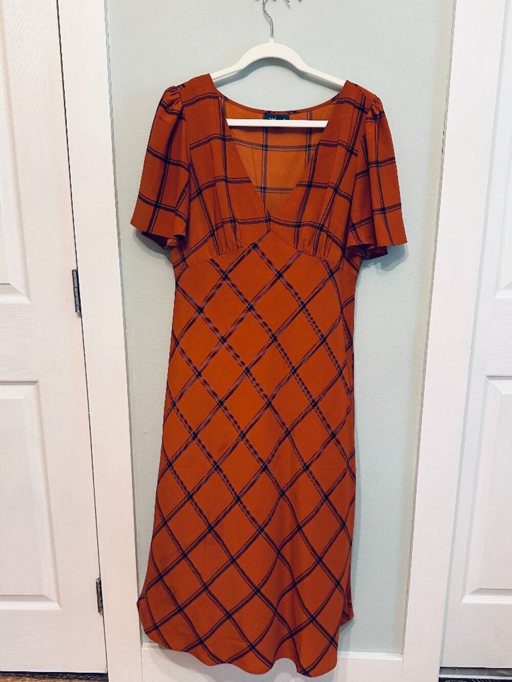 ModCloth Vintage Style Orange Plaid Empire Waist Midi Dress L